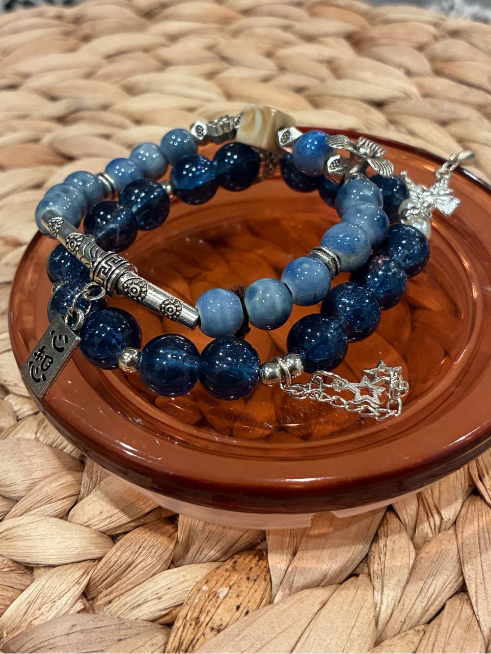 Blue Stone Beaded Layered Women's Bracelet - Silver Accents